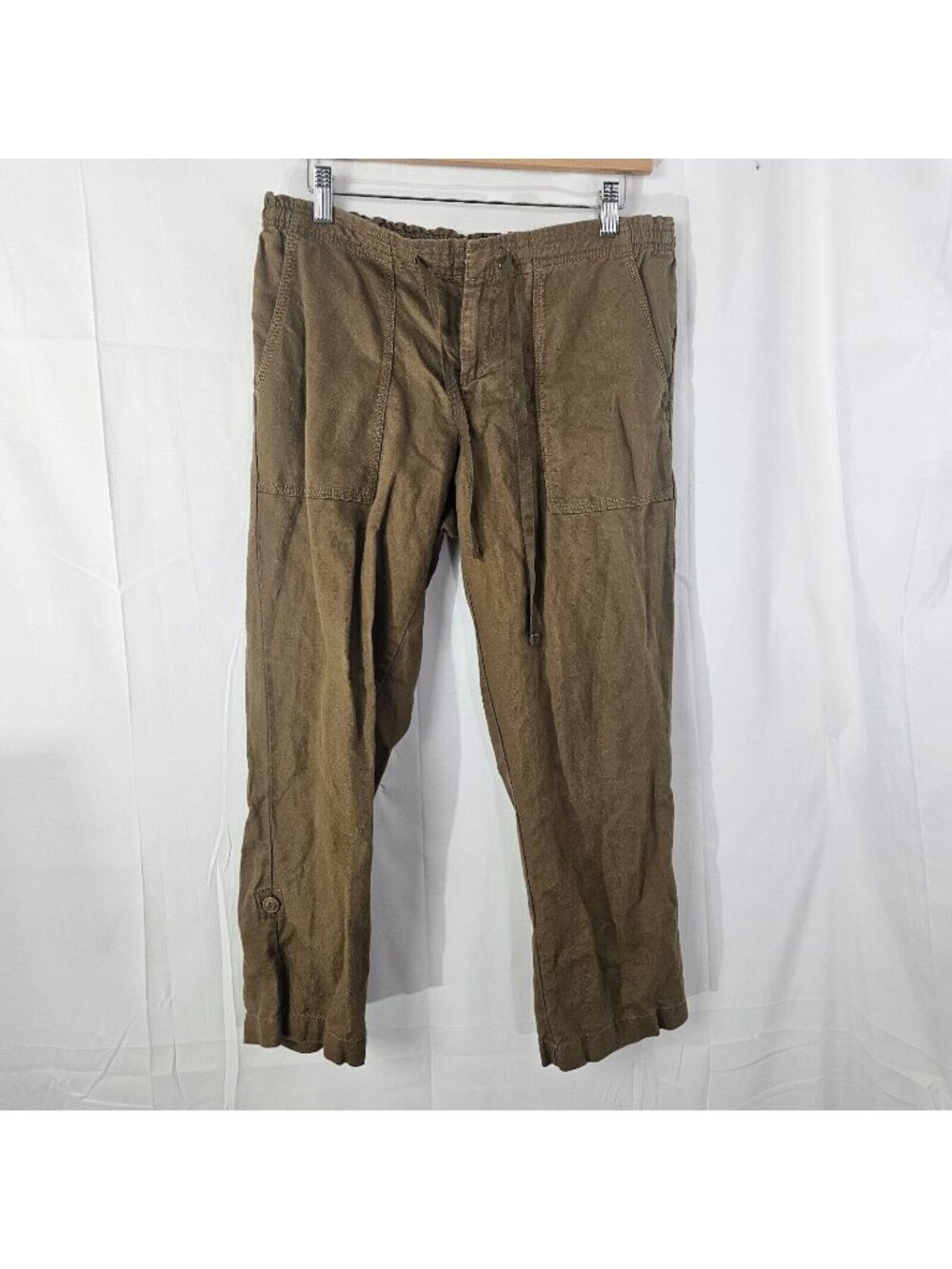 Eddie Bauer Linen Pants Womens 4 32x24 Brown Ankle Straight Leg Drawstring